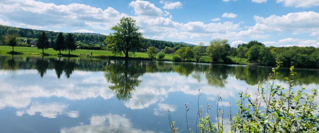 Wolken spiegeln sich im Wasser des Cumbacher Teichs