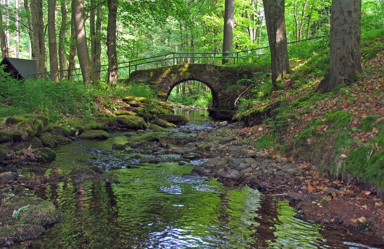 Historische Steinbrücke an einem Flüsschen im Wald