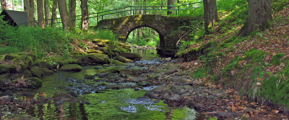 Historische Steinbrücke an einem Flüsschen im Wald