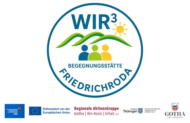 Logo und Förderer der Begegnungsstätte "Wir hoch 3"
